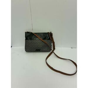 Fossil Black Leather & Canvas Crossbody Bag Patterned Front Zip Adjustable Strap